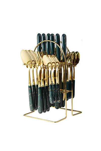 NKX 24 Piece Stainless Steel Hanging Cutlery Set with Stand for 6 People Mirr...