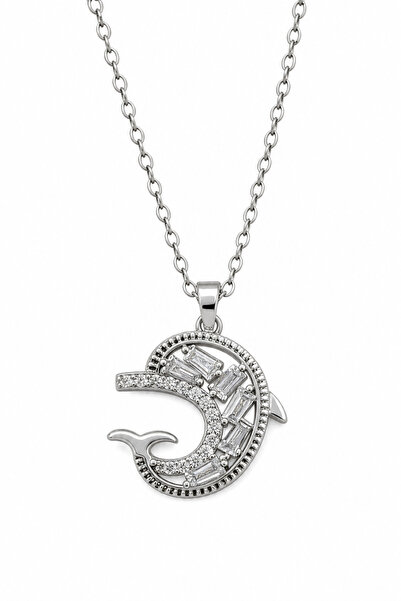Jack Ferrero Gray Color Steel Necklace with Dolphin Figure and Stone Detail W...