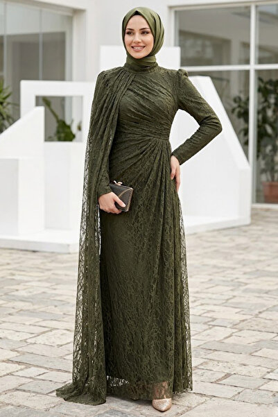N.S NEVA STYLE Rochie de seară din dantelă kaki, stil Tesettür 5659HK