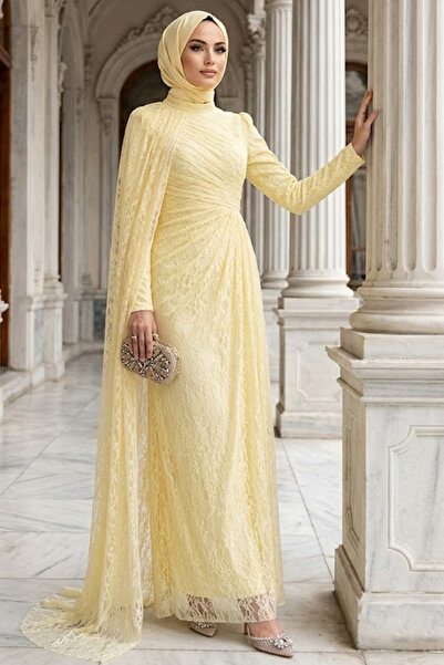 N.S NEVA STYLE - Rochie de seară cu dantelă galbenă, stil hijab 5659SR