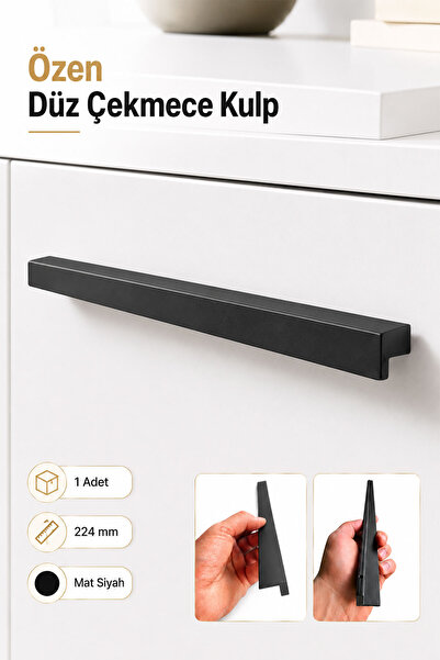 Badem10 Özen Düz Mat Siyah 224 mm 1 Adet Mobilya Kulpu Metal Çekmece Dolap Ka...