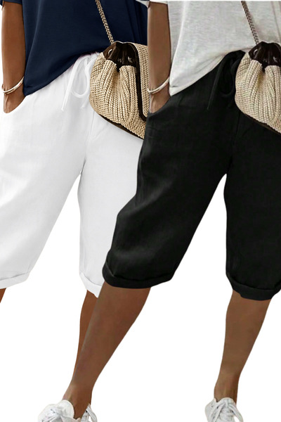 BLUE STREET Women's Set of 2 Black and White Comfortable Cut Capri Shorts wit...
