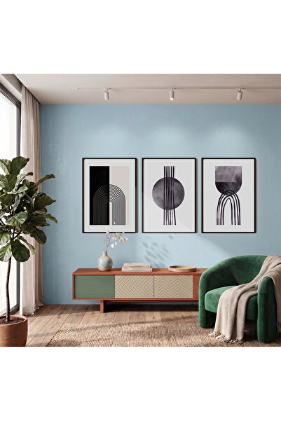KOLAJTASARIM Set de 3 tablouri cu forme geometrice minimaliste, cu cadru negr...