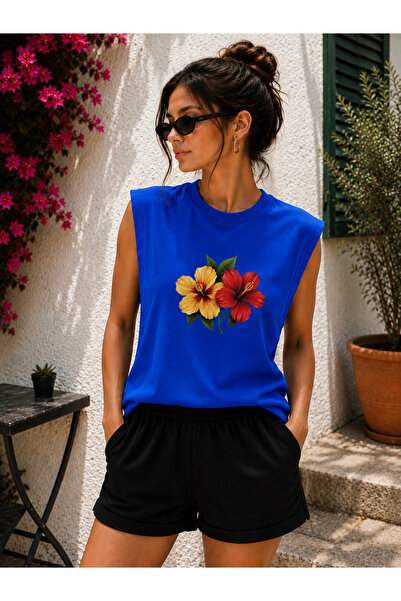 caddekombin Zero Sleeve Floral Printed Cotton Combed Crew Neck T-Shirt