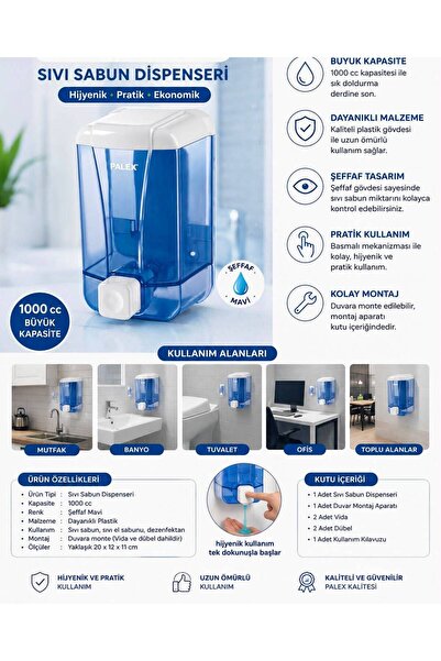 Duruper Kimya 1000 ml Duvara Monte Sıvı Sabunluk Dispenseri Şeffaf Hazneli Ba...