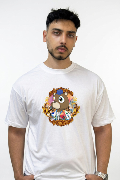 Anetos تي شيرت أبيض كبير الحجم مطبوع بتصميم Kanye Bear_1