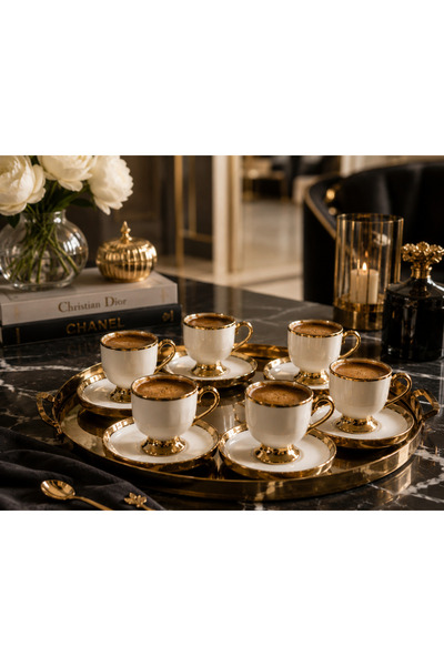 CEZVE HOME 6 Kişilik Porselen Türk Kahvesi Fincan Takımı Gold Detaylı 12 Parç...