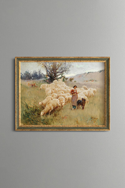 epiqart Woman and Sheep Herd - Vintage Patterned Painting - Fine Model