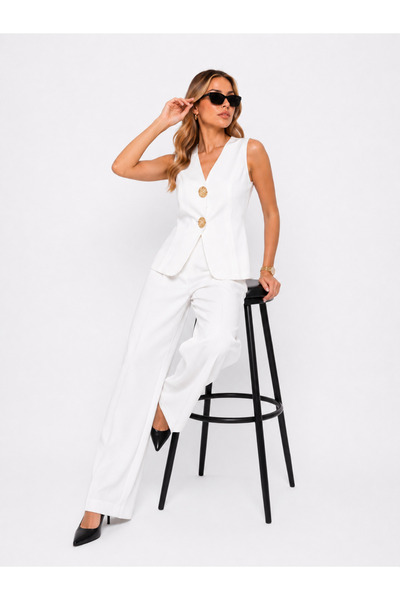 Rabona Fashion Monarch Elegance Gold Button Detailed Vest & Wide-Leg Pants Set