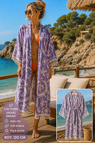 Genel Markalar Jakarlı %100 Pamuk Kimono 120 cm – Plaj Kimonosu – Püskül Deta...