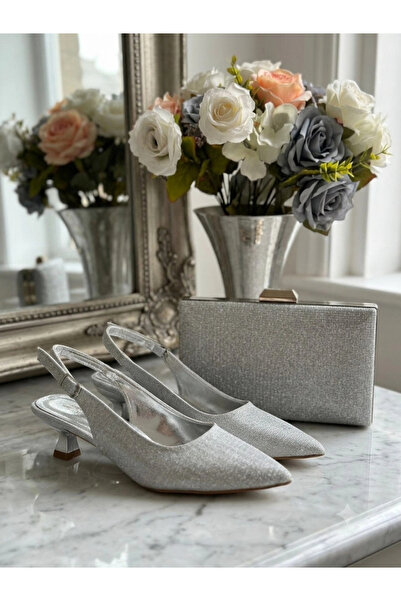 MFT AYAKKABI Women's Silver Glitter Open-Back Low-Heeled Evening Dress Shoes ...