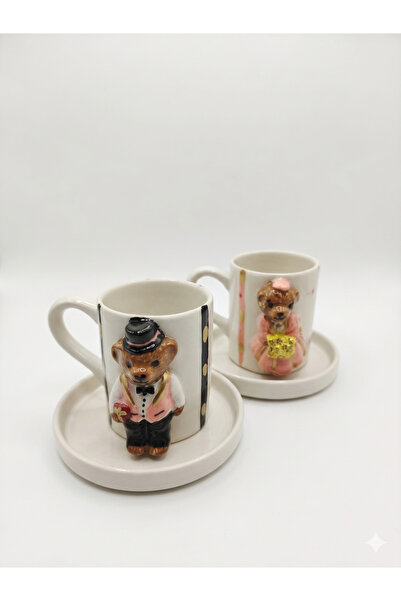 seda seramik Handmade Set of 2 Ceramic Coffee Cups - Gold Gilded Teddy Bear P...
