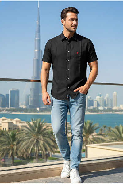 Chordi Men's Regular Fit Short Sleeve Single Pocket Premium Linen Shirt
