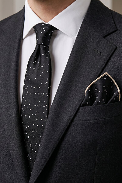 Milleniva Night Patterned Black and White Tie & Handkerchief