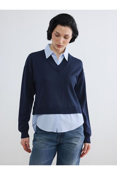 LC Waikiki Lcw Vision Navy Blue Shirt Collar Women's Knitwear Sweater