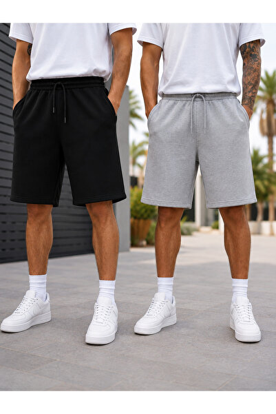 yx yustex sport Σετ 2 ανδρικών σορτς (Μαύρο-Γκρι) Βασικό καλοκαιρινό σετ σορτ...