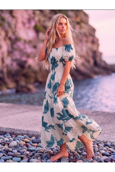 Flubutik Women's Woven Watermelon Sleeve Long Dress Green Floral
