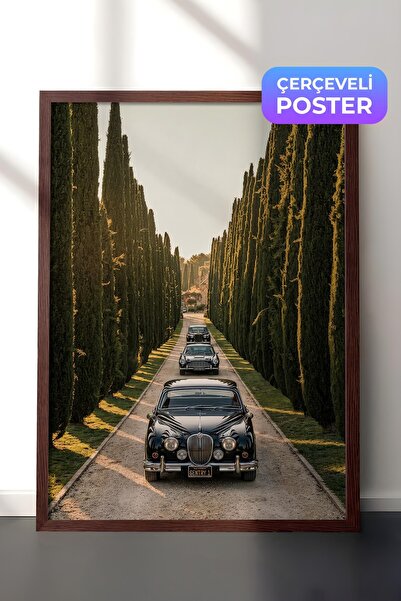Postifull Poster cu mașini clasice și copaci, poster înrămat maro, seria Old ...