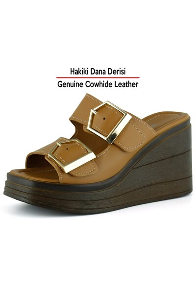 Erkan Saçmacı Denise Taba Genuine Calfskin Double Buckle Platform Wedge Heeled Women's Slippers