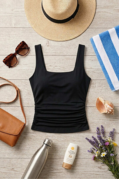 uyguntarz Women's Black Stylish Athlete Square Neck Thick Strap Casual Basic ...