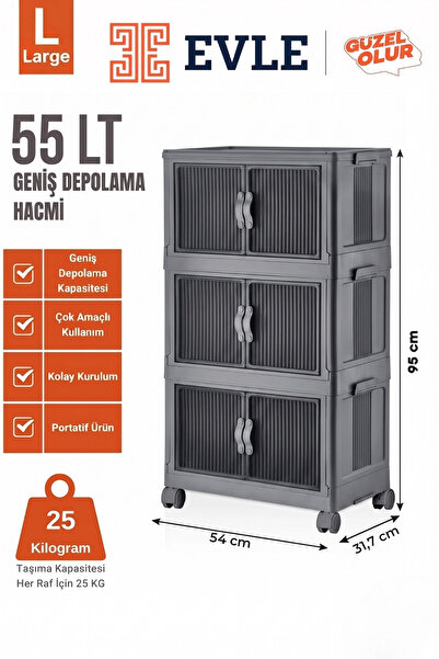 EVLE Katlanabilir Modüler Dolap 3 Katlı, Mutfak Dolabı, Banyo Dolabı 54 cm x ...