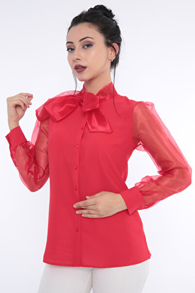FIRST STYLE Elegant Red Turkish Top with High Collar and Transparent Sleeves