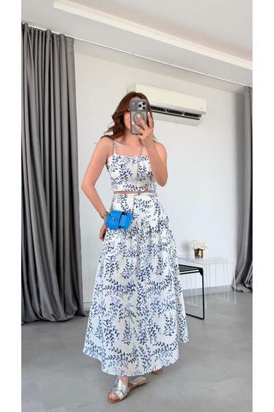 pelin yıldız butik Çiçek Desenli Regina İp Askılı Crop Etek Takım