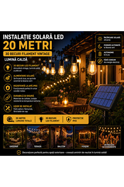 OEM Decorațiune Solară LED Exterior 20 m, 30 Becuri Filament Vintage, Lumină ...