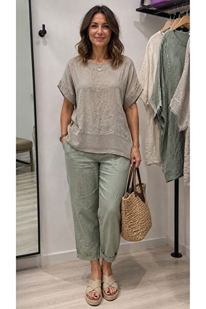 JUSTA Women's Round Neck Short Sleeve Oversize Loose Linen Blouse