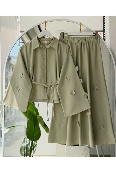MODA VEDAT Kadın Lazer Kesim Çiçek Aksesuarlı Etekli Takım -0550