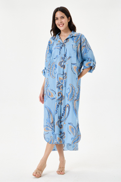 della moor Blue Italian Shawl Pattern Side Slit Folded Long Sleeve Oversize S...