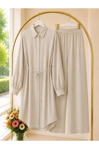 MODA VEDAT Kadın Uzun Tunik Detaylı Pantolon Takım -0500 (tunik 120 cm pantol...