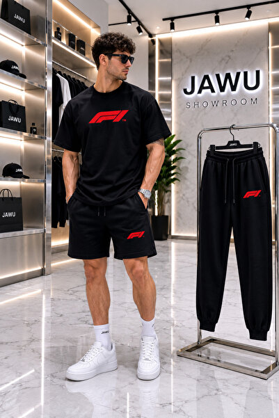 JAWÜ STYLE Fi̇ Printed Oversize Cotton Combination Set Tshirt-Shorts-Sweatpan...