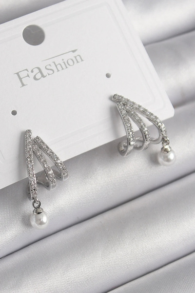 Marsilyan Brass Silver Color Zircon Stone Claw Model Pearl Detail Women's Ear...