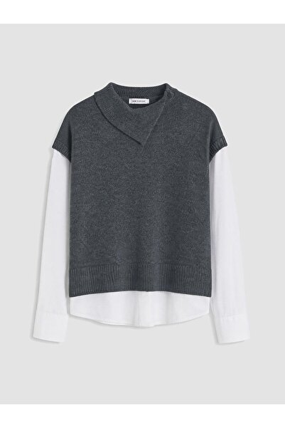 LC Waikiki Lcw Everyday Anthracite Asymmetric Collar Women's Knitwear Sweater