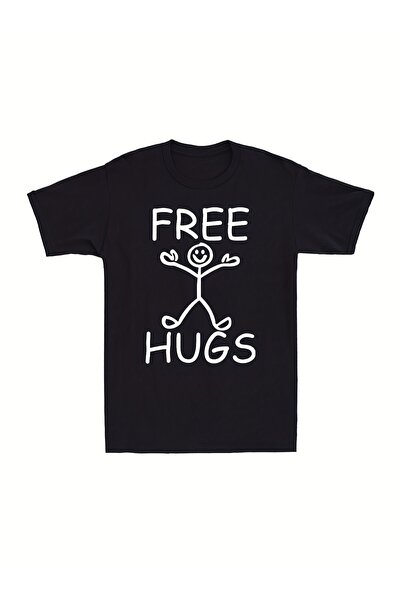 17 seramik تي شيرت رجالي أسود بطباعة جرافيك من FREE HUGS، قميص بياقة دائرية و...