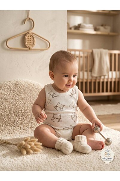 Gökçe Baby بدلة أطفال بيضاء منقوشة بنمط ثعلب لطيف للجنسين، مصنوعة من القطن بن...
