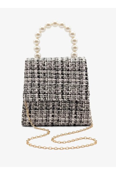 VİNY Women's Elegant Tweed Handbag with Pearl Handle & Chain Strap | Fashion Top Handle Shoulder & Crossbody Bag