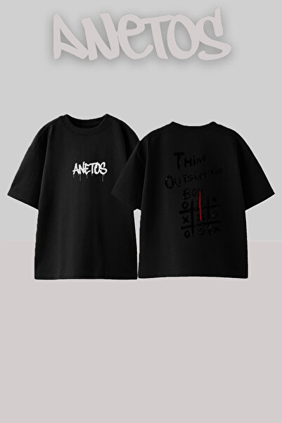 Anetos Outside Box Design Printed Unisex Oversize Black Tshirt