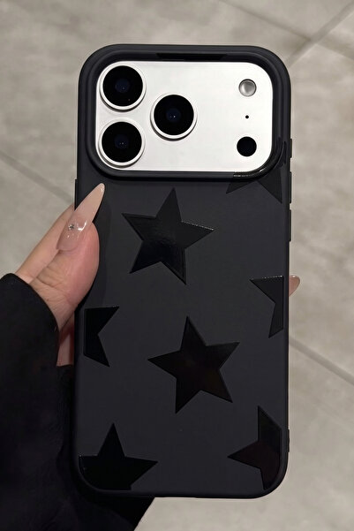 KVK PRİVACY iPhone 17 Pro Uyumlu Siyah Kabartmalı Yıldız Desenli Kadifemsi So...