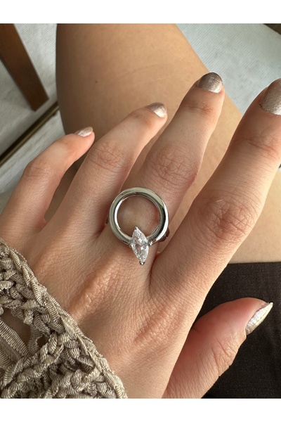 ringbox Silver Colored Marquise Stone Detailed Hoop Ring