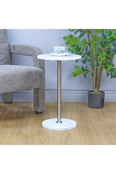 Al Hadaya Mall Modern Design Marble Service Table - Silver & White - 35X35X57 cm
