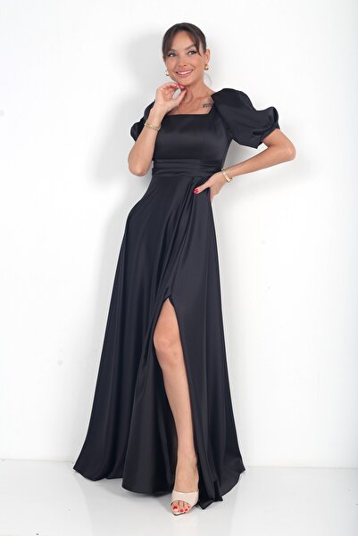By Saygı Women's Balloon Sleeve Square Neck Skirtflared Lined Satin Long Dress