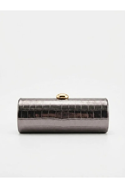 VİNY Women's Croc Effect Barrel Clutch Bag – Gold Clasp & Detachable Chain Strap