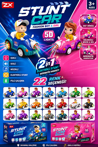 İlknurtoys Işıklı Sesli Müzikli Stunt Car Akrobat Araba 360° Dönen Pilli Oyuncak Araba Pembe