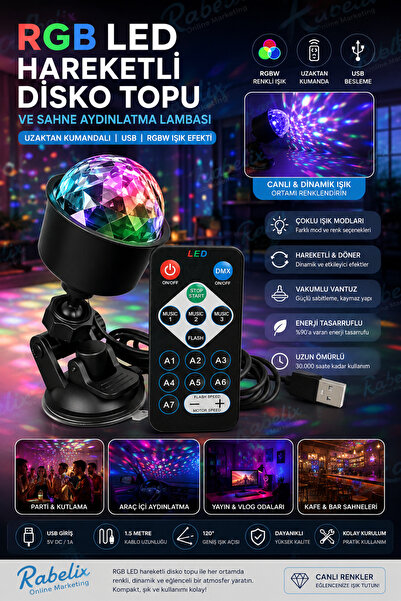Rabelix Online Marketing RGB LED Hareketli Disko Topu USB Sahne Aydınlatma La...