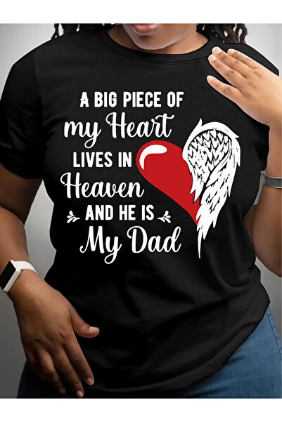 212Wear تي شيرت نسائي مريح بطبعة 'Heaven & Dad' - أسود، بأكمام قصيرة، وياقة د...