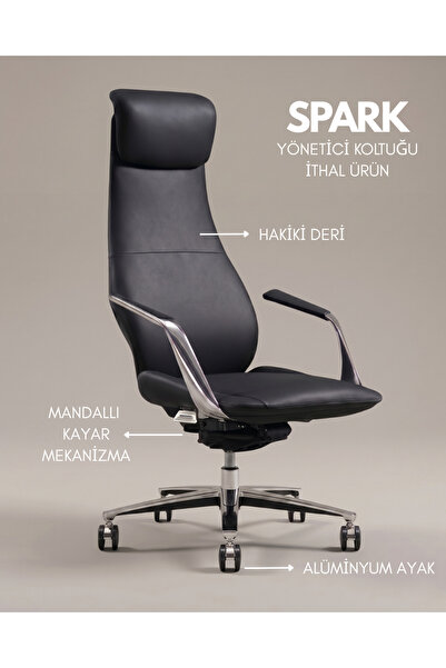 REİNART Spark Siyah Hakiki Deri Ofis Koltuğu | Yönetici Koltuğu -Ithal Ürün