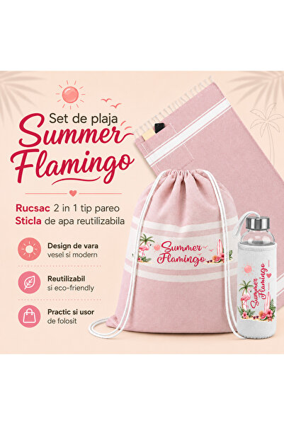 Bloom Atelier Set de plaja Summer Flamingo, Rucsac 2 in 1 tip pareo + Sticla ...