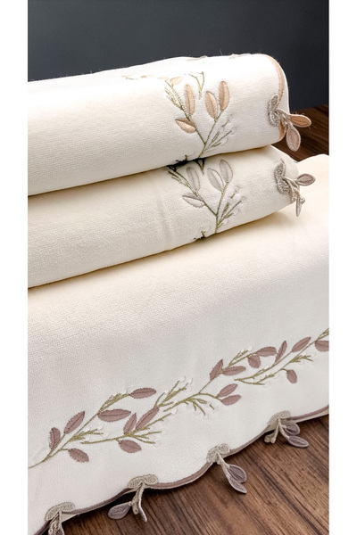 AYHANHOME 3-Piece Olive Green Embroidered Dowry Box 50X90 Hand Face Towel Set